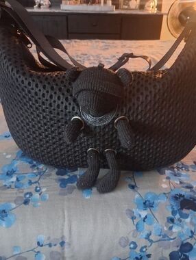 Large Textured Black Shoulder Cross Body Bag with Built In Bear Charm